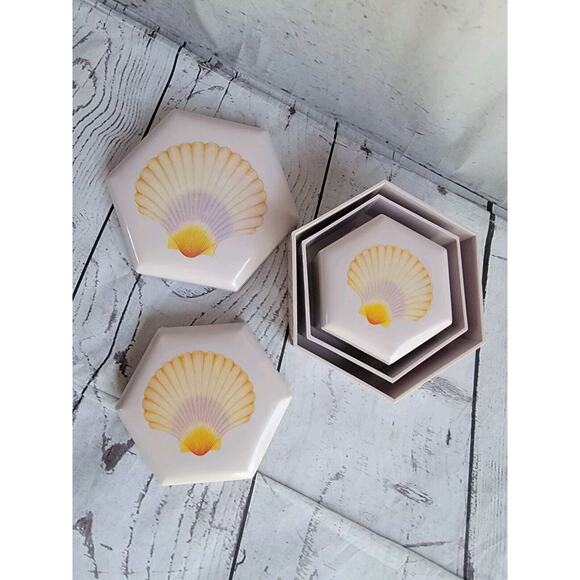 VTG 80s Set of Purple Nesting Jewelry Trinket Boxes Seashell Graphic - Picture 1 of 12